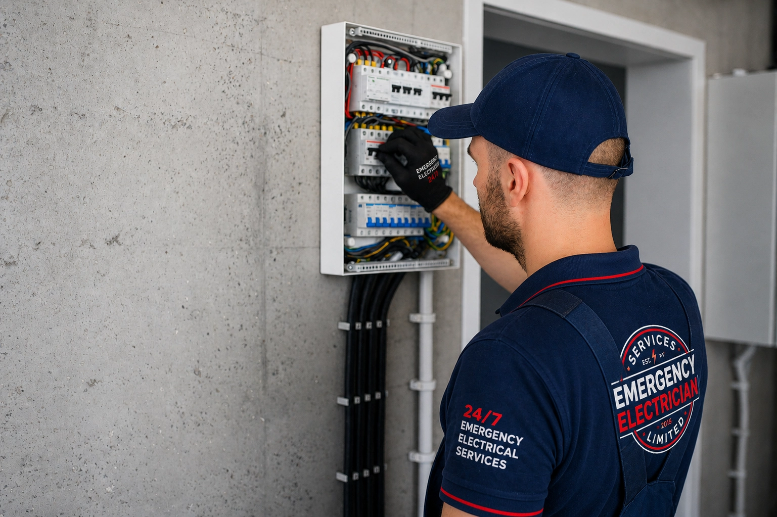 Homeowner checking a consumer unit during a power cut