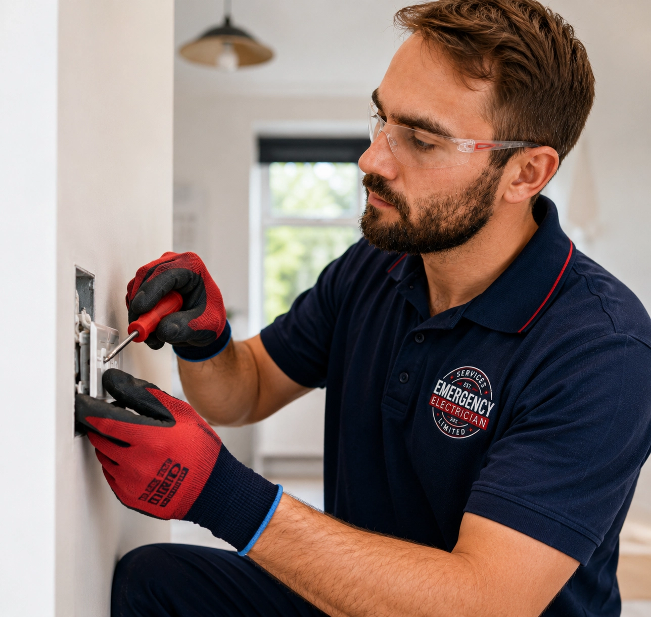 Electrician repairing wall socket indoors.