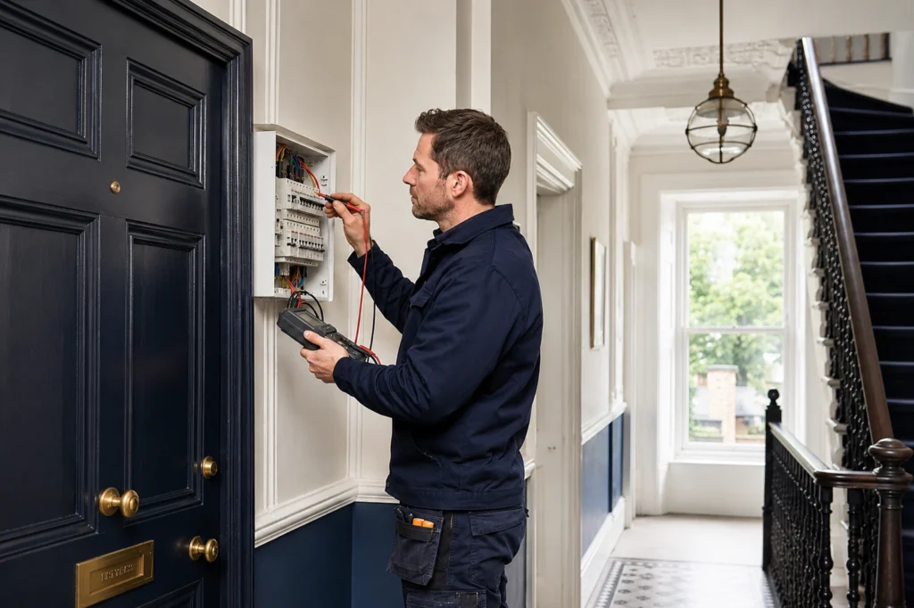 Electrician working on circuit panel