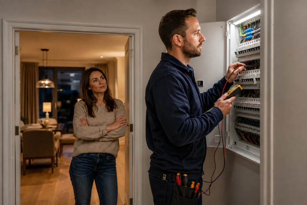 Electrician investigating intermittent power loss at an Esher home