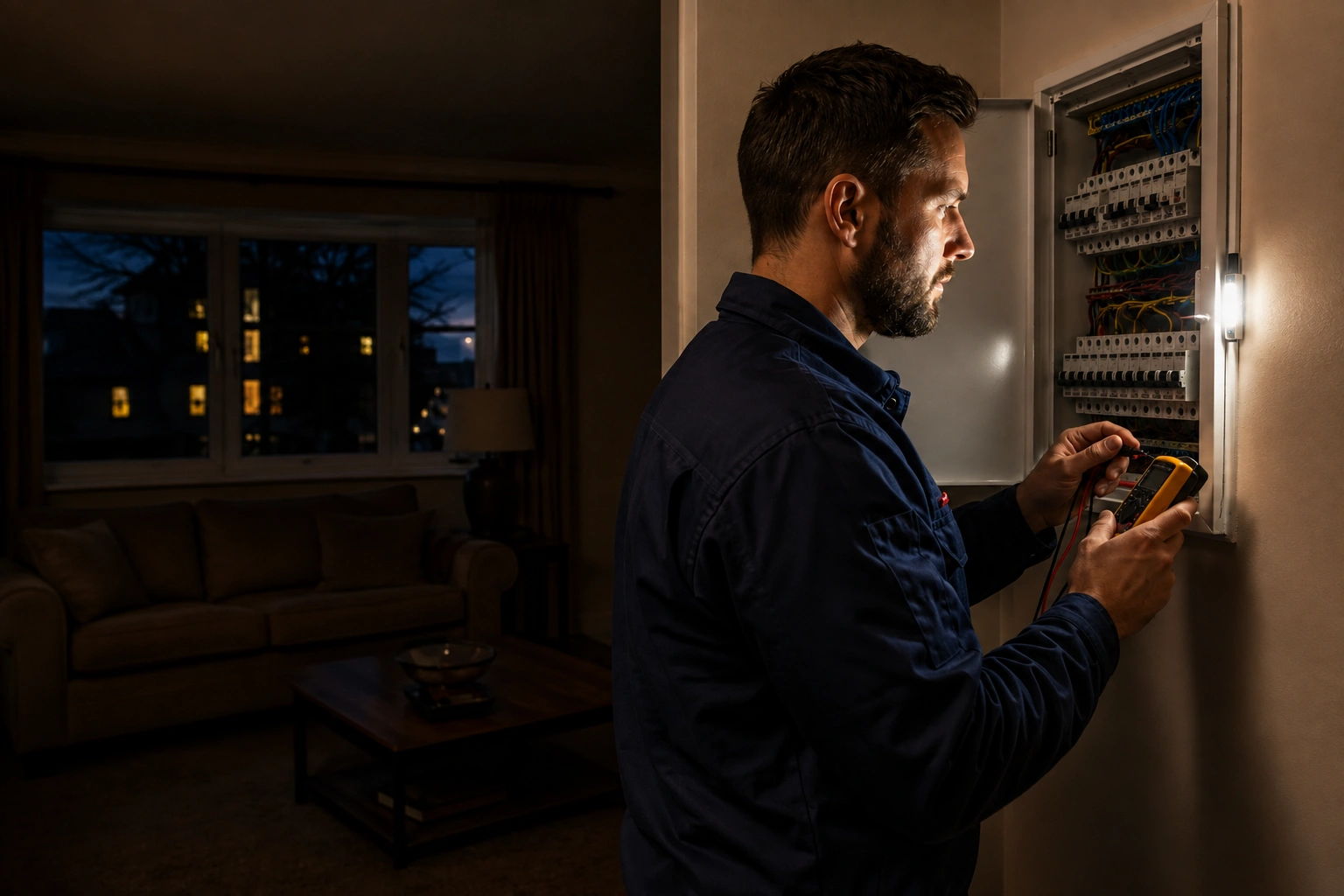 Electrician investigating a power failure in a Kingston home