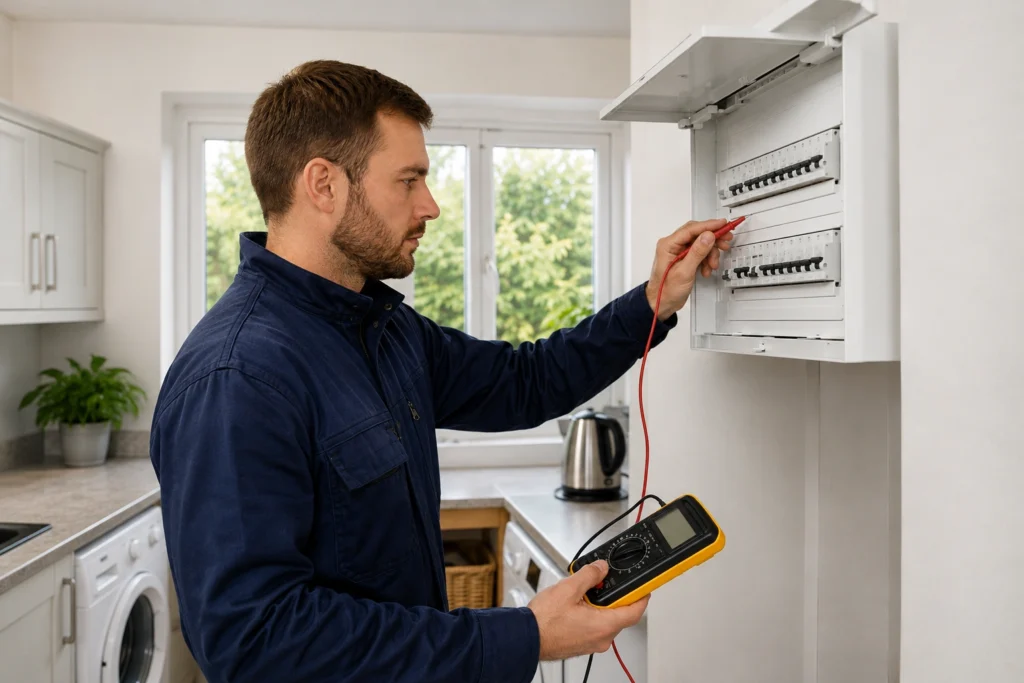 Electrician testing a consumer unit that keeps tripping in a Surrey home
