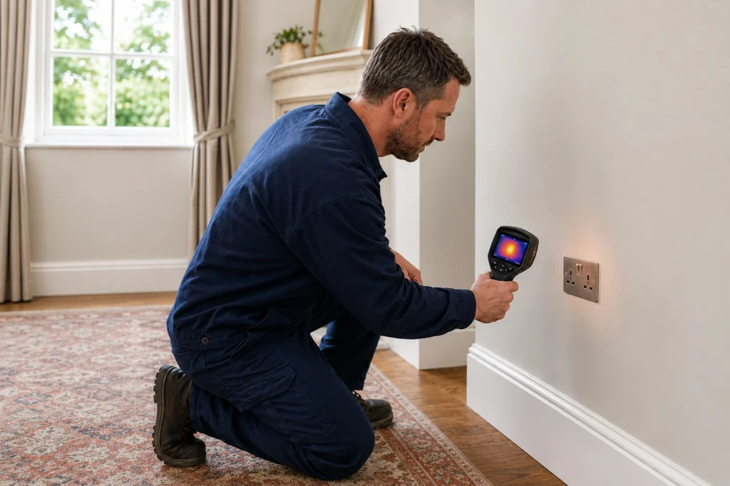 Electrician using a thermal camera to inspect a hot electrical socket in a Weybridge home