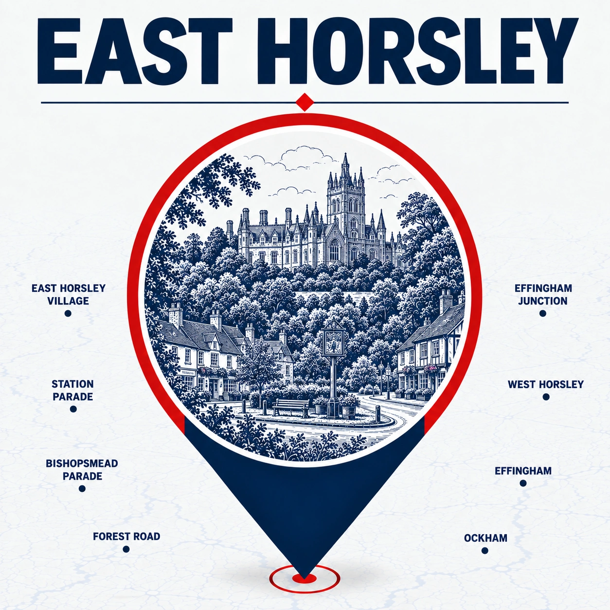 Illustrated map of East Horsley and nearby service areas