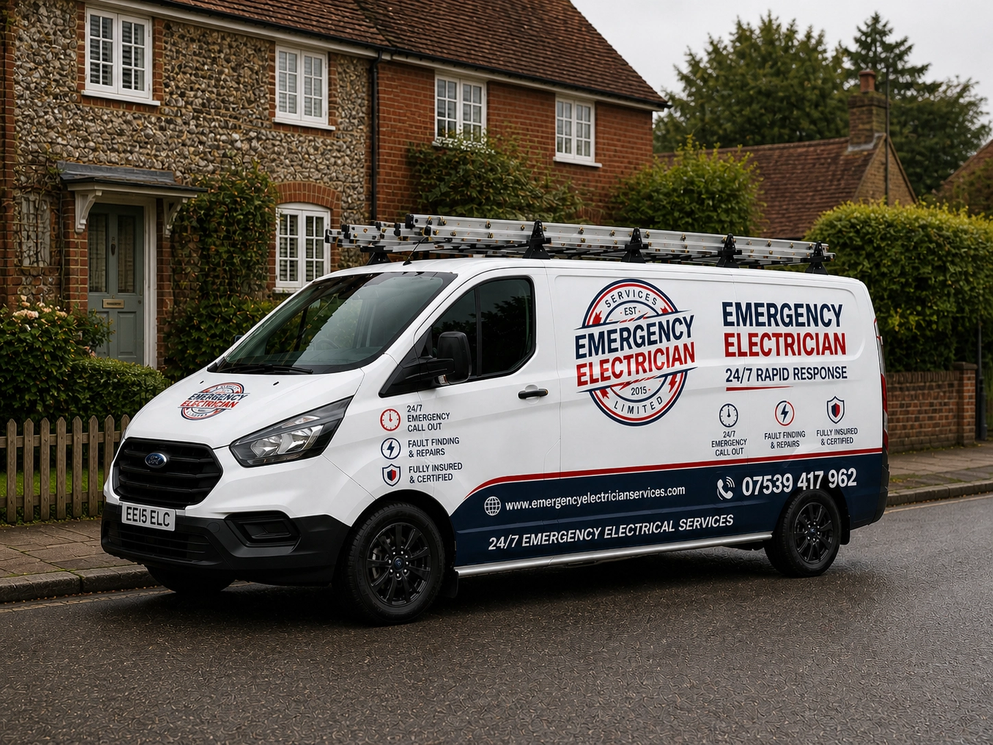 Emergency electrician van outside a property in Horsham