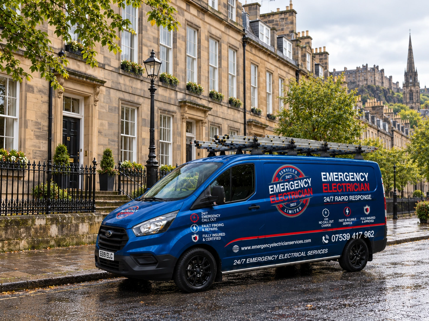 Emergency Electrician Services van outside an Edinburgh property