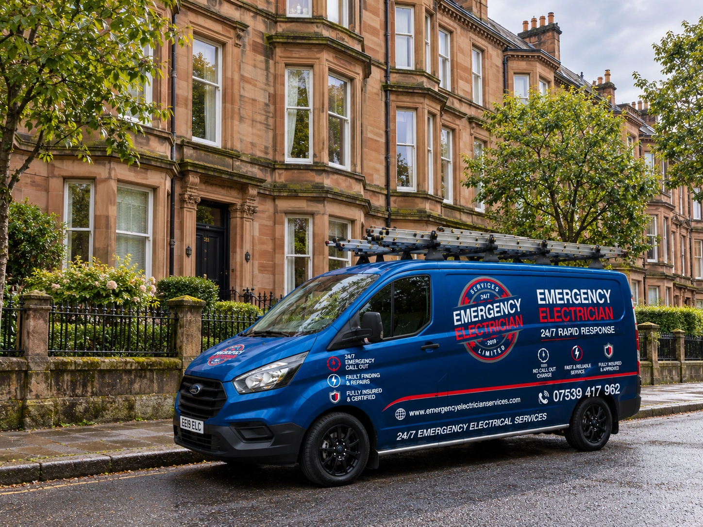 Emergency Electrician Services van outside a Glasgow property