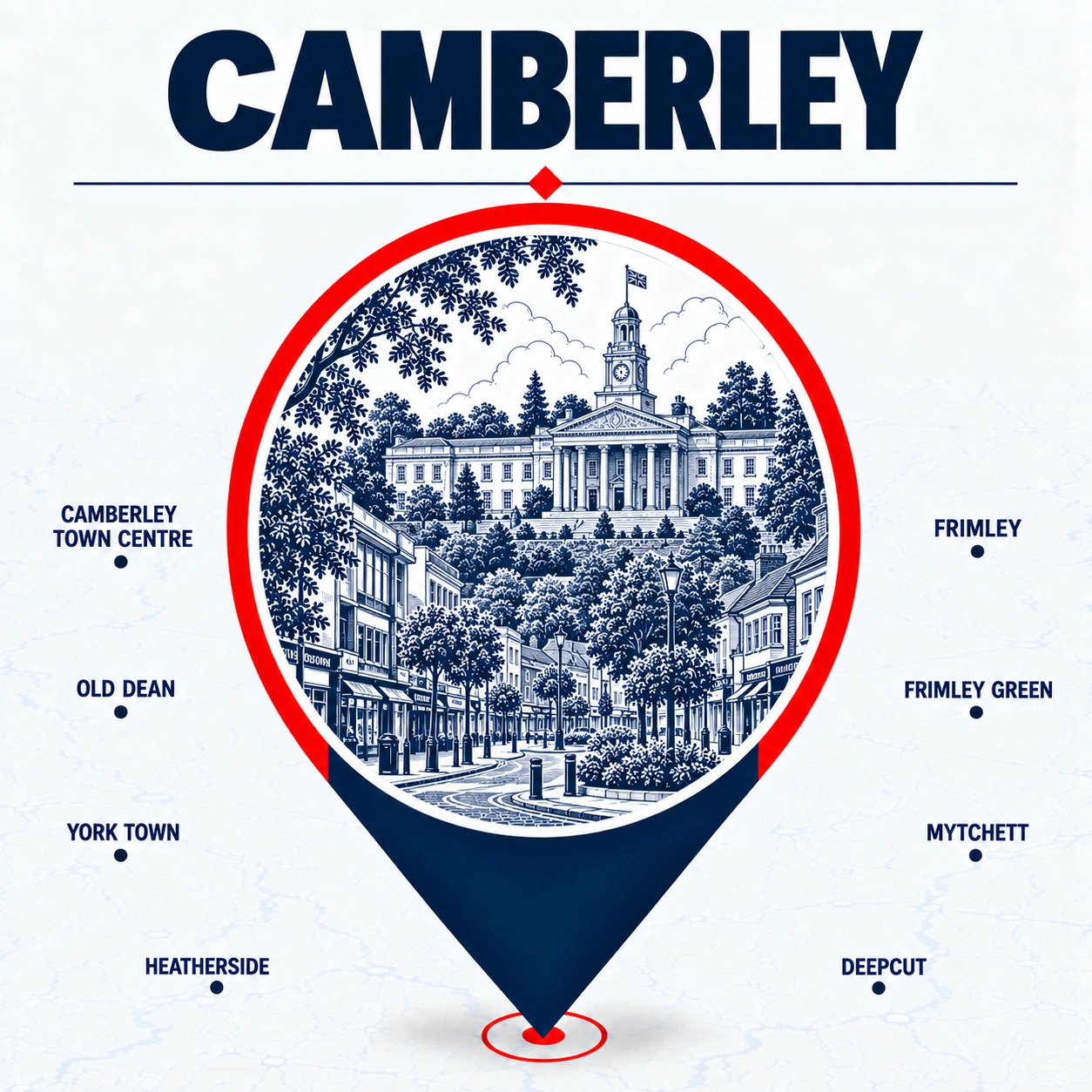 Camberley coverage map showing Old Dean, York Town, Heatherside, Frimley, Frimley Green, Mytchett and Deepcut