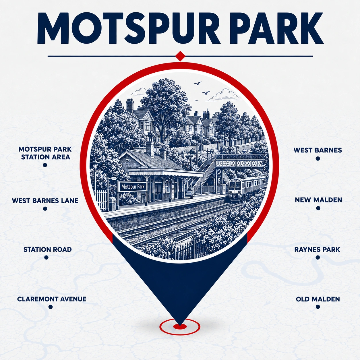 Illustrated map of Motspur Park and surrounding service areas