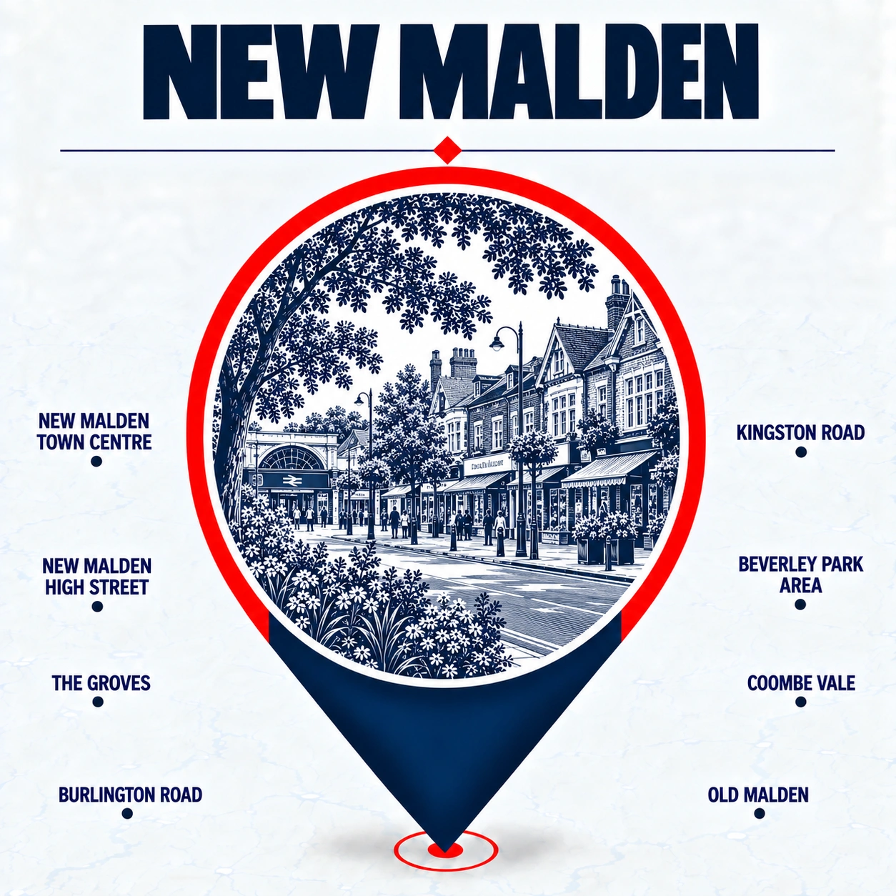 Illustrated map showing New Malden and nearby service areas